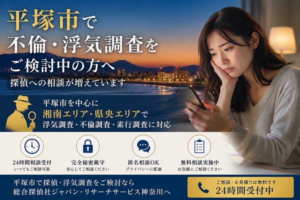 平塚市で浮気調査や不倫調査をご検討中の方向け探偵イメージ