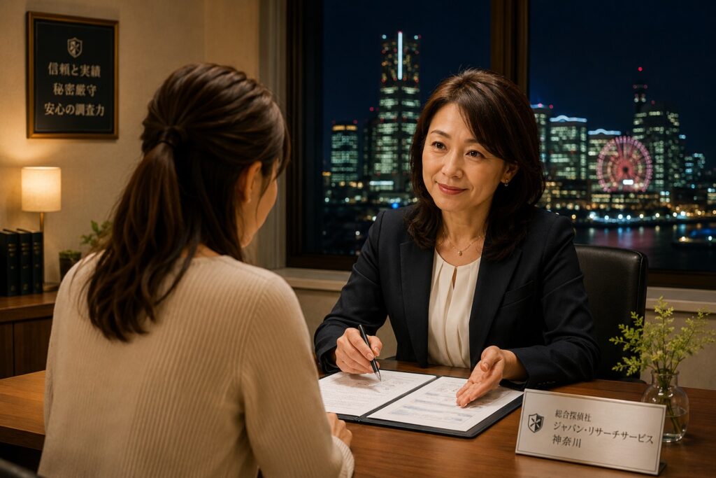 横浜の夜景を背景に女性相談員が浮気調査の相談を受けている総合探偵社ジャパン・リサーチサービス神奈川の相談風景