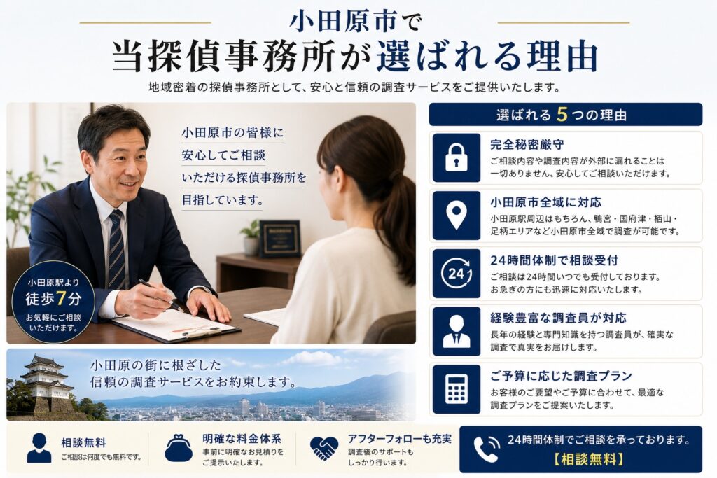 小田原市で浮気調査・不倫調査の相談を受ける総合探偵社ジャパン・リサーチサービス神奈川