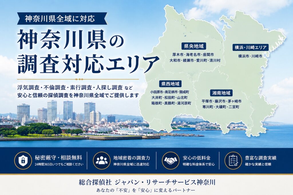神奈川県全域の浮気調査・不倫調査に対応する総合探偵社ジャパン・リサーチサービス神奈川の調査対応エリア案内