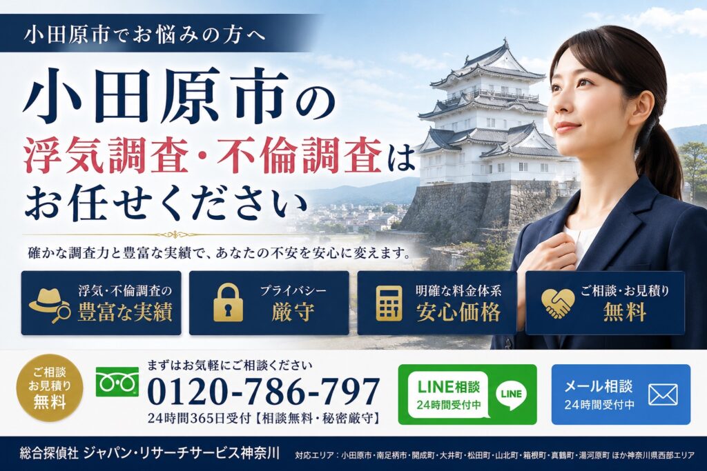 小田原市で浮気調査・不倫調査をご検討中の方へ。総合探偵社ジャパン・リサーチサービス神奈川が確かな調査力で証拠収集をサポートします。