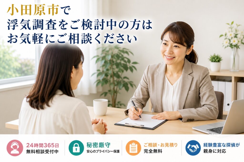 小田原市で浮気調査をご検討中の方へ。総合探偵社ジャパン・リサーチサービス神奈川の無料相談イメージ